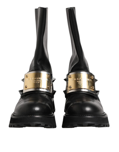 Dolce & Gabbana Black Leather DG Logo Plaque High Boots Shoes