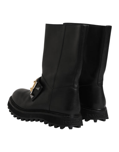 Dolce & Gabbana Black Leather DG Logo Plaque High Boots Shoes
