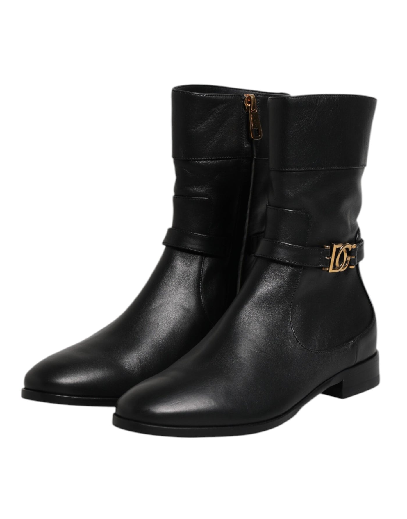 Dolce & Gabbana Black Leather Flats Logo Short Boots Shoes