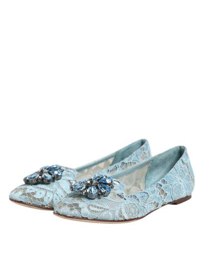 Dolce & Gabbana Blue Lace Crystal Ballet Flats Loafers Shoes