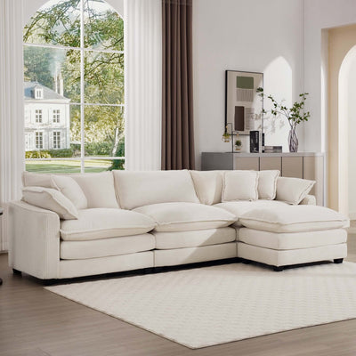 Classic & Modern Sectional Sofa with Ottoman - Light Beige Corduroy Upholstered 3-Seat Couch for Living Room