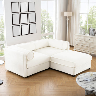 Stylish Modern Fabric 2-Seater Sofa with Ottoman Storage, White Chenille, Cylindrical Backrest and Armrests