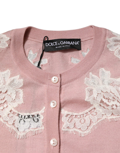 Dolce & Gabbana Pink Floral Lace Detailing Cardigan Sweater