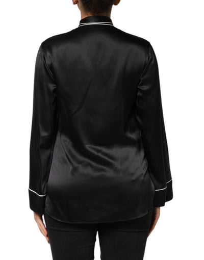 Dolce & Gabbana Black Silk Ascot Collared Button Blouse Top