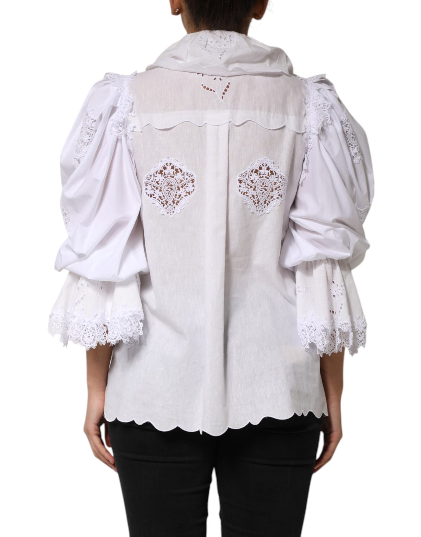 Dolce & Gabbana White Ruffled Lace Embellished Blouse Top