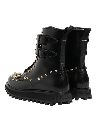 Dolce & Gabbana Black Studded Lace Up Mid Calf Boots Shoes