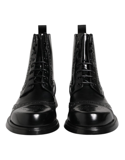 Dolce & Gabbana Black Leather Lace Up Mid Calf Boots Shoes