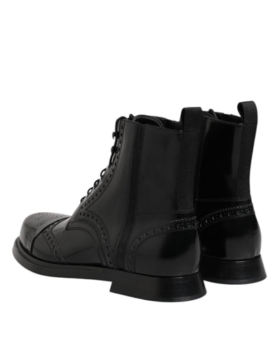 Dolce & Gabbana Black Leather Lace Up Mid Calf Boots Shoes