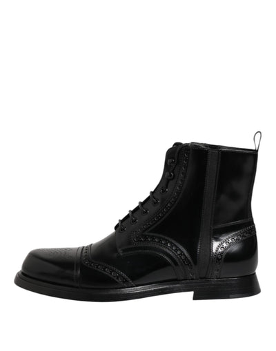 Dolce & Gabbana Black Leather Lace Up Mid Calf Boots Shoes