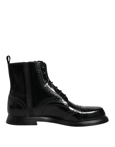 Dolce & Gabbana Black Leather Lace Up Mid Calf Boots Shoes