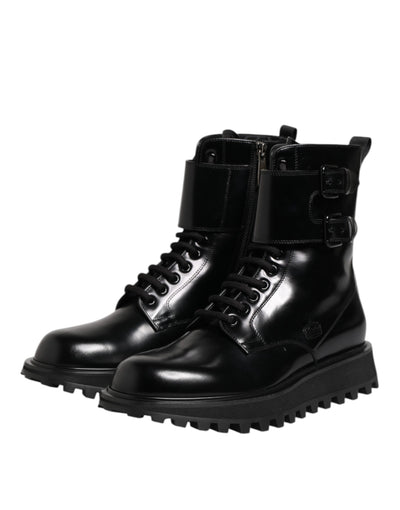 Dolce & Gabbana Black Leather Lace Up Mid Calf Boots Shoes