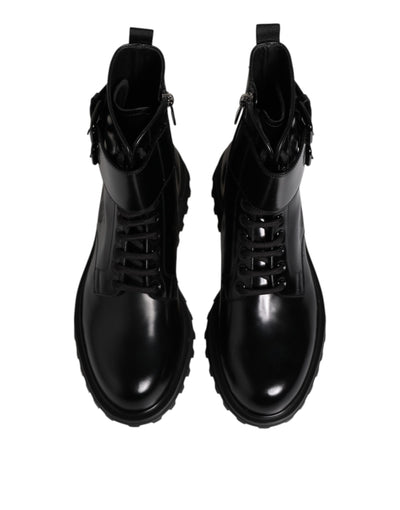 Dolce & Gabbana Black Leather Lace Up Mid Calf Boots Shoes