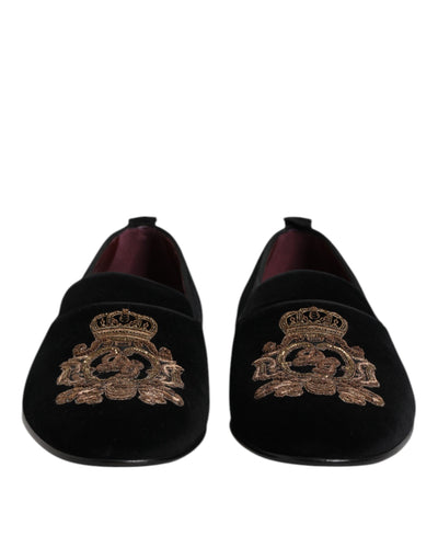 Dolce & Gabbana Black Velvet Gold Crown Mens Loafers Shoes