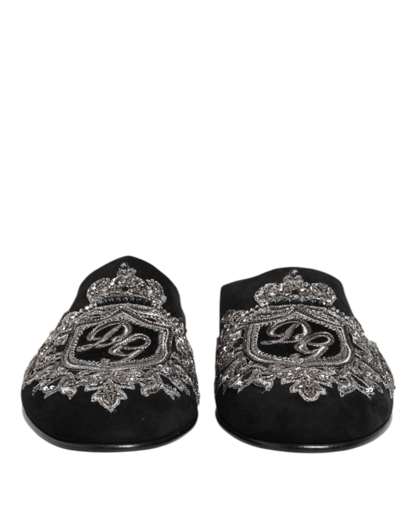 Dolce & Gabbana Black Velvet Slides DG Crown Slipper Shoes