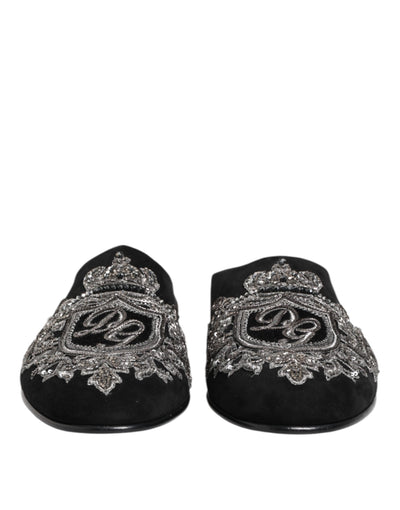 Dolce & Gabbana Black Velvet Slides DG Crown Slipper Shoes