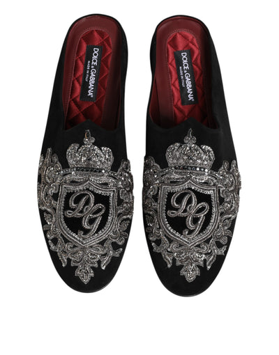 Dolce & Gabbana Black Velvet Slides DG Crown Slipper Shoes