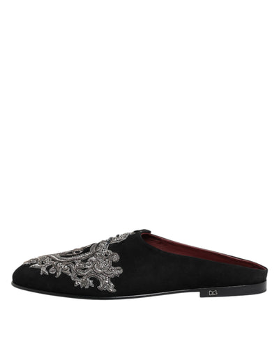 Dolce & Gabbana Black Velvet Slides DG Crown Slipper Shoes
