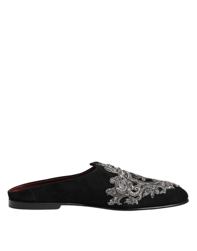 Dolce & Gabbana Black Velvet Slides DG Crown Slipper Shoes