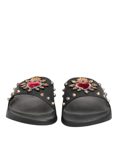 Dolce & Gabbana Black Rubber Sacred Heart Slides Men Beachwear Shoes