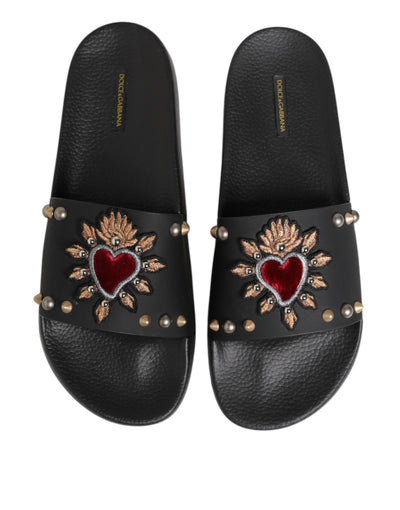 Dolce & Gabbana Black Rubber Sacred Heart Slides Men Beachwear Shoes