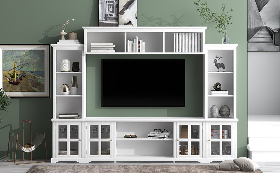 [VIDEO provided] ON-TREND Minimalism Entertainment Wall Unit with Bridge, Modern TV Console Table for TVs Up to 70', Multifunctional TV Stand with Tempered Glass Door, White (Old SKU: SD000009AAK)