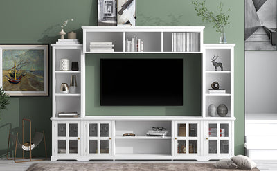 [VIDEO provided] ON-TREND Minimalism Entertainment Wall Unit with Bridge, Modern TV Console Table for TVs Up to 70', Multifunctional TV Stand with Tempered Glass Door, White (Old SKU: SD000009AAK)