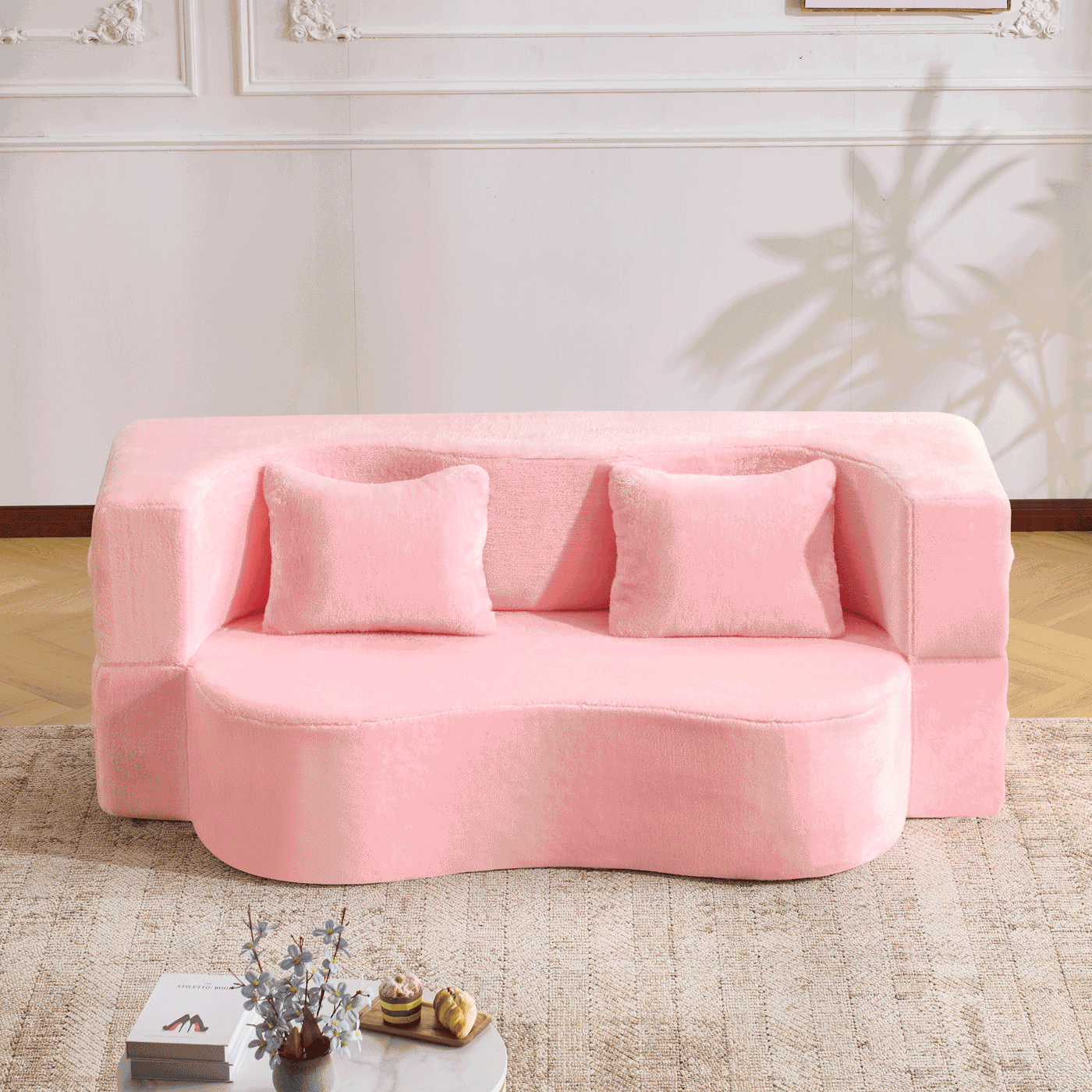 71-inch folding sofa bed, chenille futon sofa bed, high-density foam convertible sofa bed, folding floor sofa bed for living room, guest room, bedroom, pink