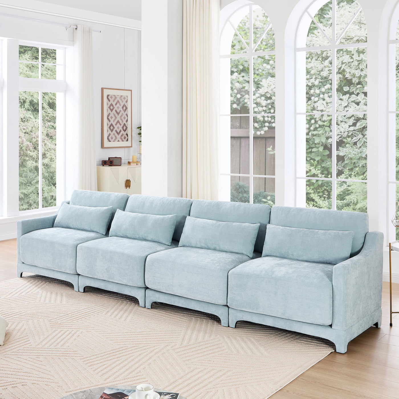 Sky Blue Four-Seater Chenille Sofa with Lumbar Pillow, Ergonomic Design, Solid Wood Frame