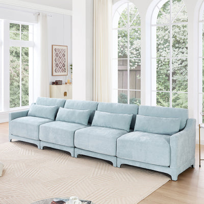Sky Blue Four-Seater Chenille Sofa with Lumbar Pillow, Ergonomic Design, Solid Wood Frame