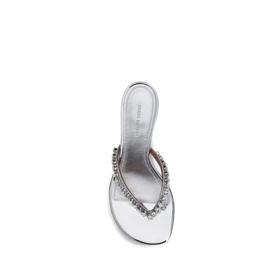 Amina Muaddi Silver Calf Leather Bos Taurus Stiletto Heel Sandals