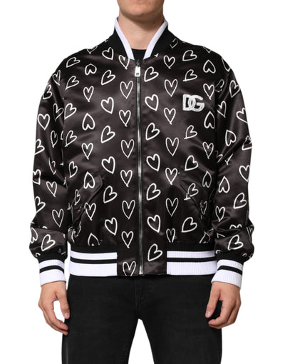 Dolce & Gabbana Black Polyester Heart Print Bomber Jacket