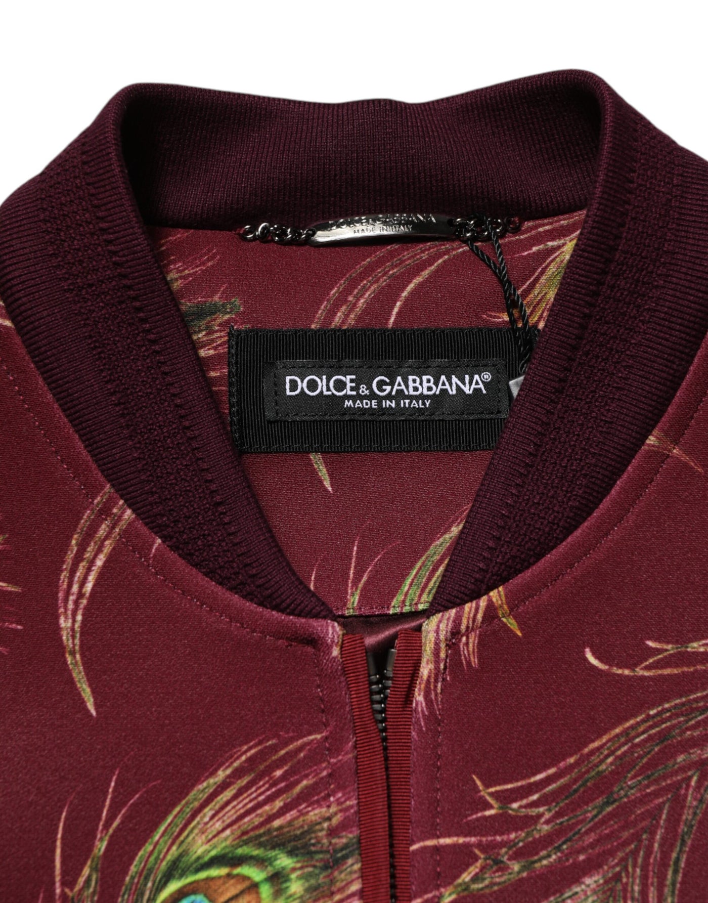 Dolce & Gabbana Maroon Peacock Feather Print Bomber Jacket