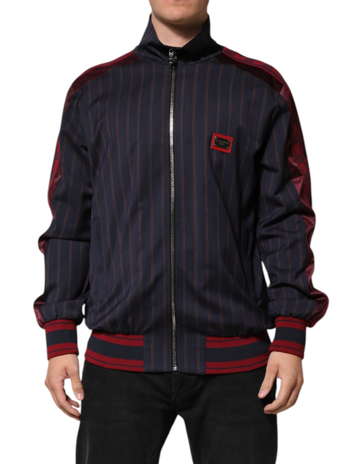 Dolce & Gabbana Blue Red Striped Logo Plaque Full Zip Jacket