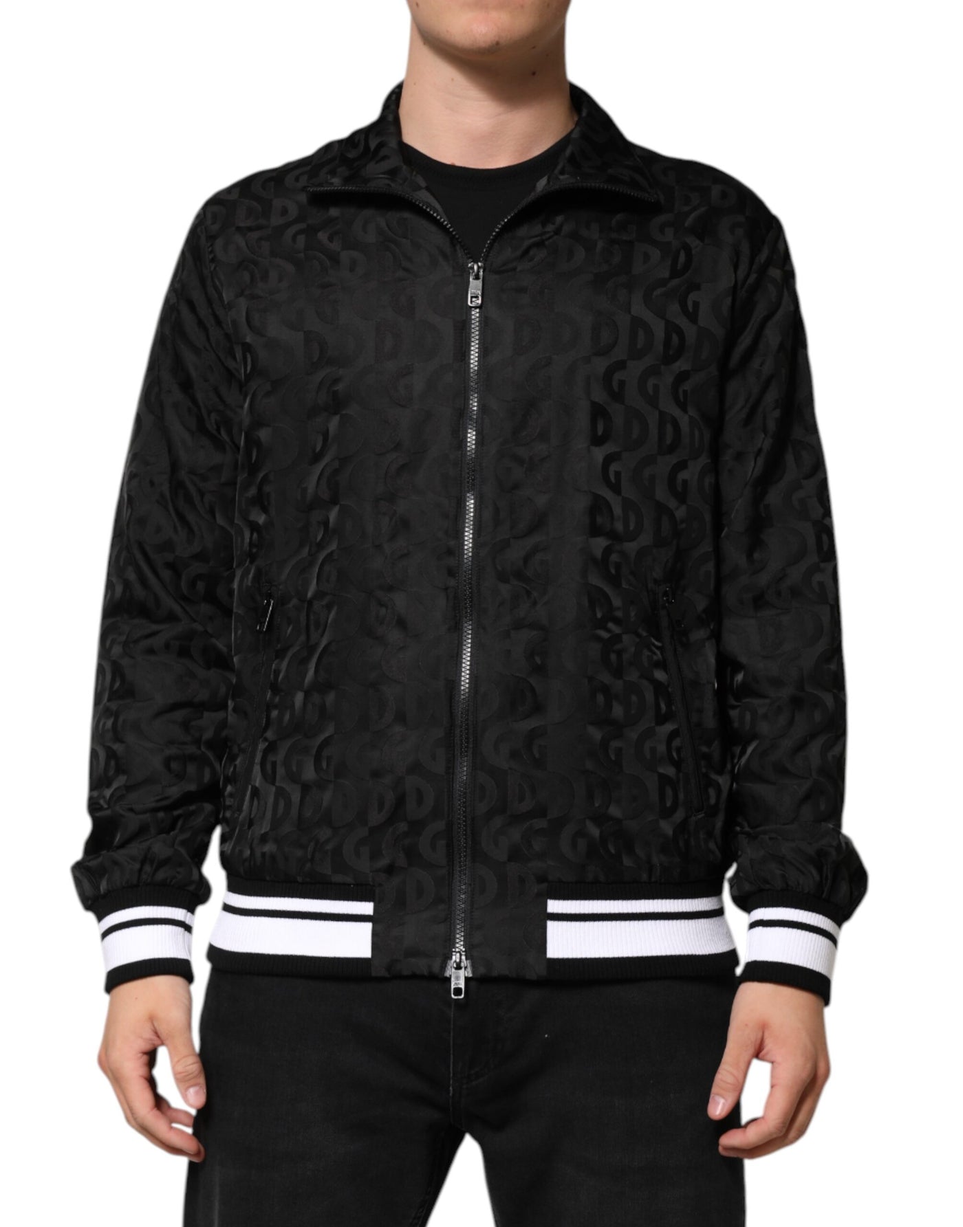 Dolce & Gabbana Black Jacquard Men Full Zip Bomber Sweater