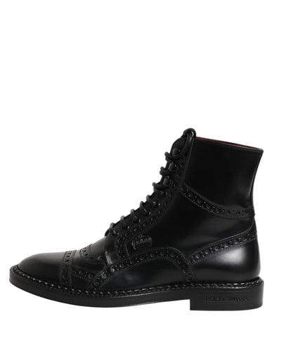 Dolce & Gabbana Black Leather Lace Up Mid Calf Boots Shoes