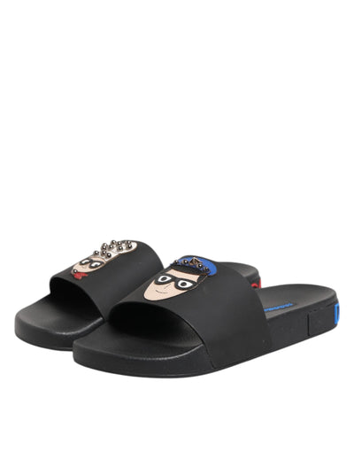 Dolce & Gabbana Black Leather Slides Flats Beachwear Shoes