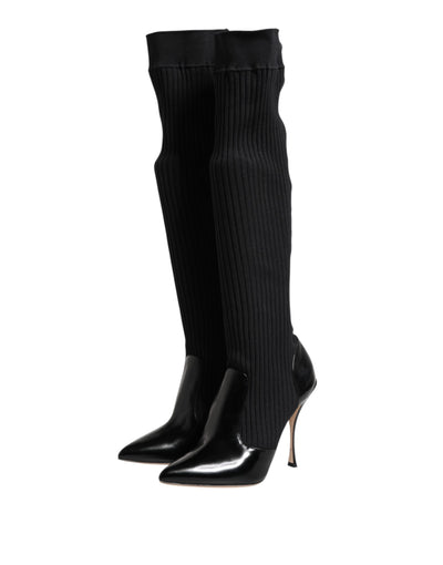 Dolce & Gabbana Black Leather Ribbed Knit Knee Boots Shoes