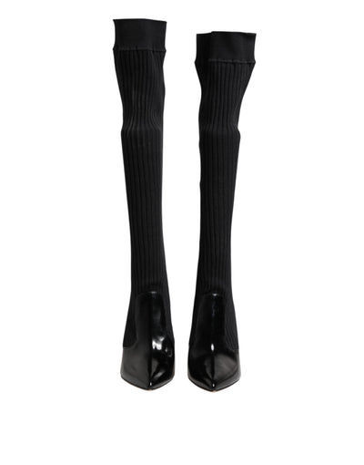 Dolce & Gabbana Black Leather Ribbed Knit Knee Boots Shoes
