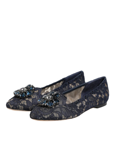 Dolce & Gabbana Blue Taormina Lace Crystals Flats Shoes