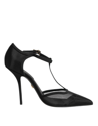 Dolce & Gabbana Black Mesh T-strap Stiletto High Heels Shoes