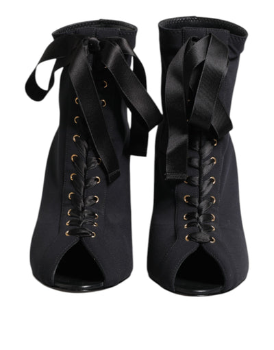 Dolce & Gabbana Black Stiletto Heels Lace Up Boots Shoes