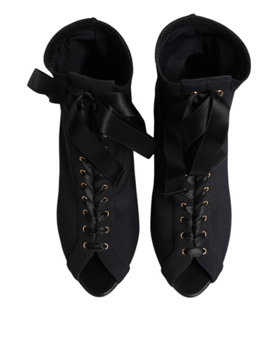 Dolce & Gabbana Black Stiletto Heels Lace Up Boots Shoes