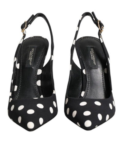 Dolce & Gabbana Black White Dotted Stiletto Slingback Shoes