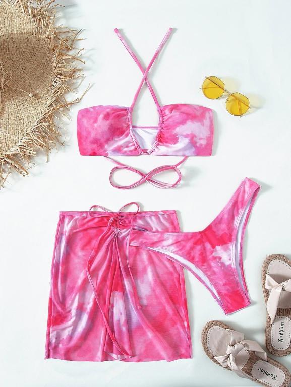 3 pieces mesh skirt swimwear Tie dye bikini Hollow Out Cutout out bandeau swimsuit women swimming suit String bathing suit Beachwear
