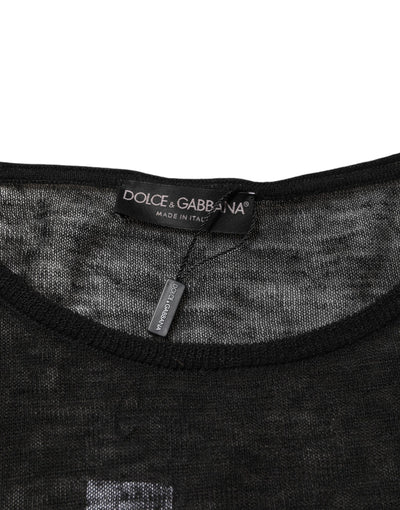 Dolce & Gabbana Black Linen Mesh Tattered Longsleeves T-shirt