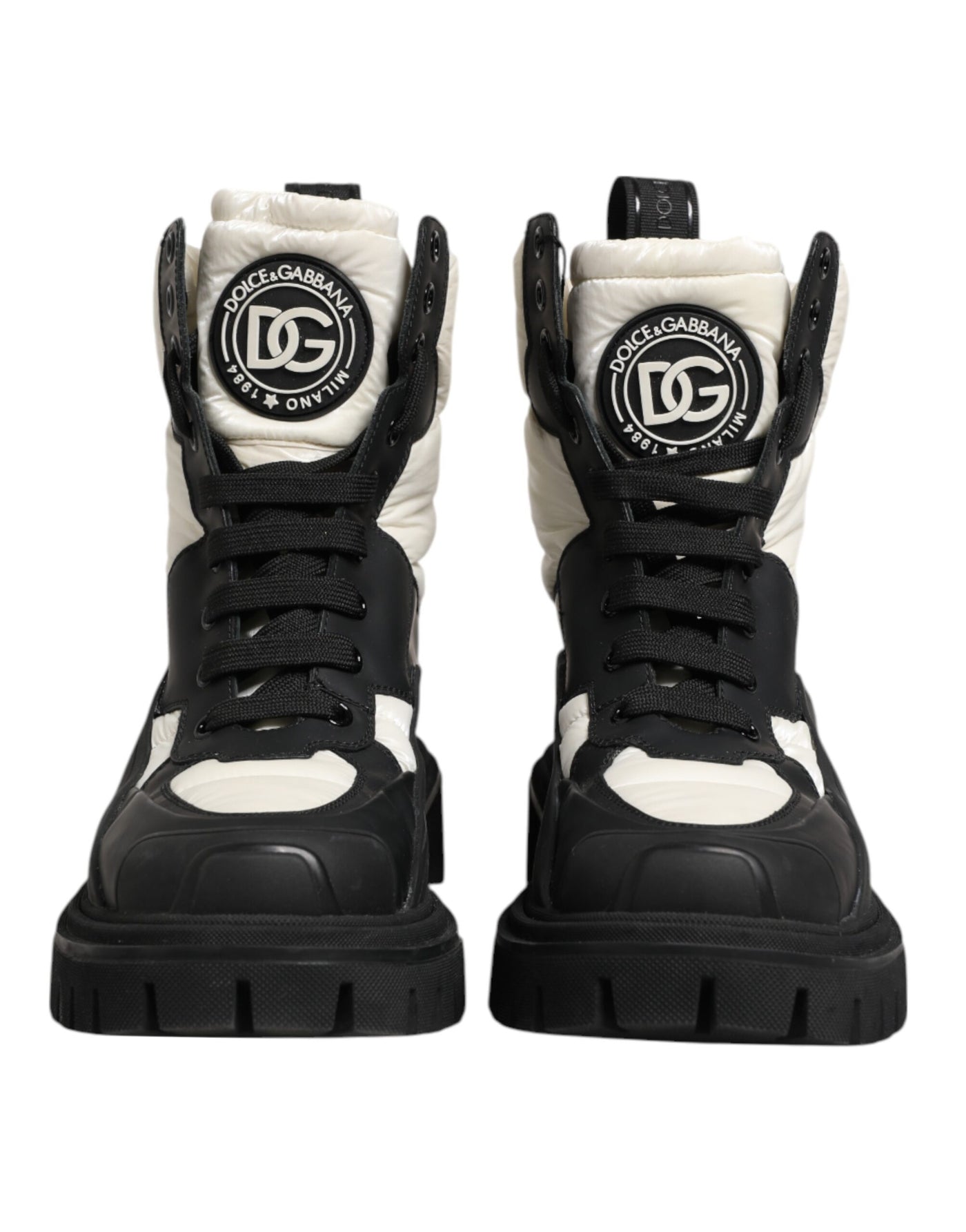 Dolce & Gabbana Black White Padded Mid Calf Lace Up Boots Shoes