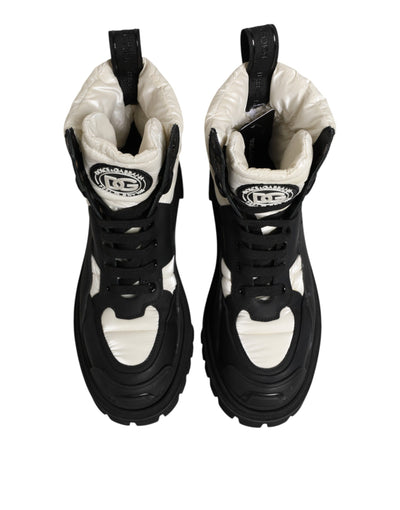 Dolce & Gabbana Black White Padded Mid Calf Lace Up Boots Shoes