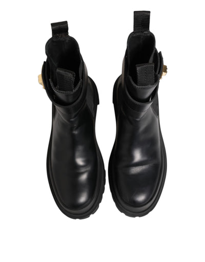 Dolce & Gabbana Black Calfskin DG Logo Strap Ankle Boots Shoes