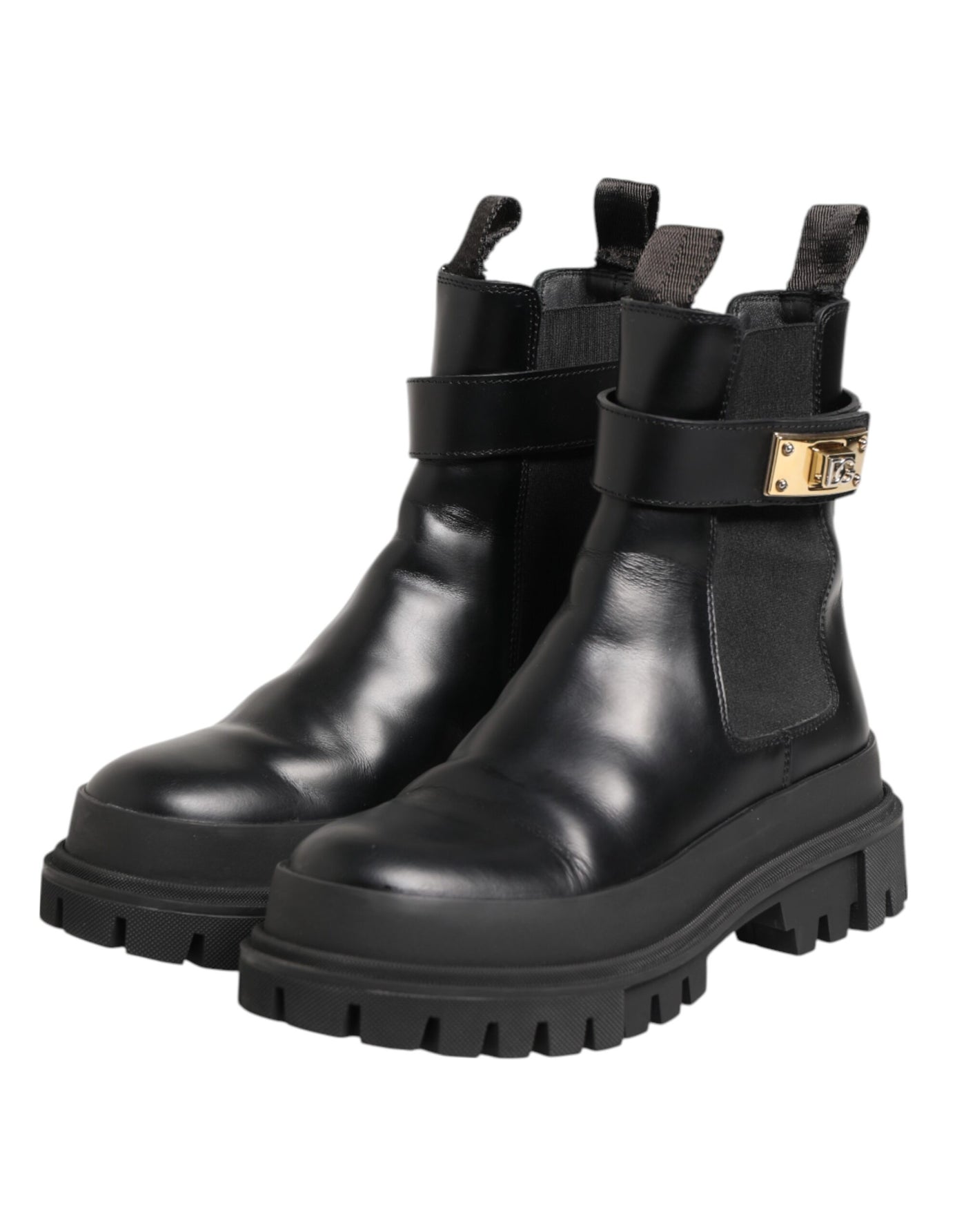 Dolce & Gabbana Black Calfskin DG Logo Strap Ankle Boots Shoes