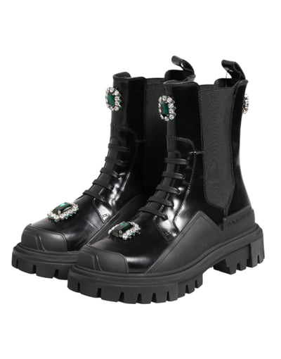 Dolce & Gabbana Black Crystal Embellished Combat Boots Shoes